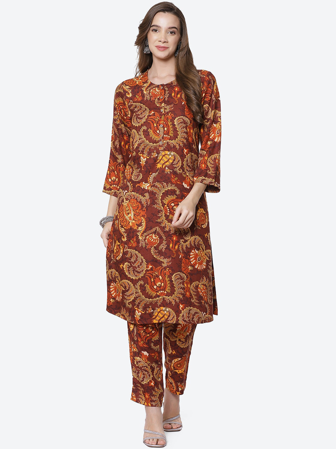 Biba Women Brown Paisley Printed Kurti with Trousers - Distacart