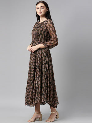 Souchii Olive Green & Red Ethnic Motifs Printed Chiffon A-Line Maxi Dress - Distacart