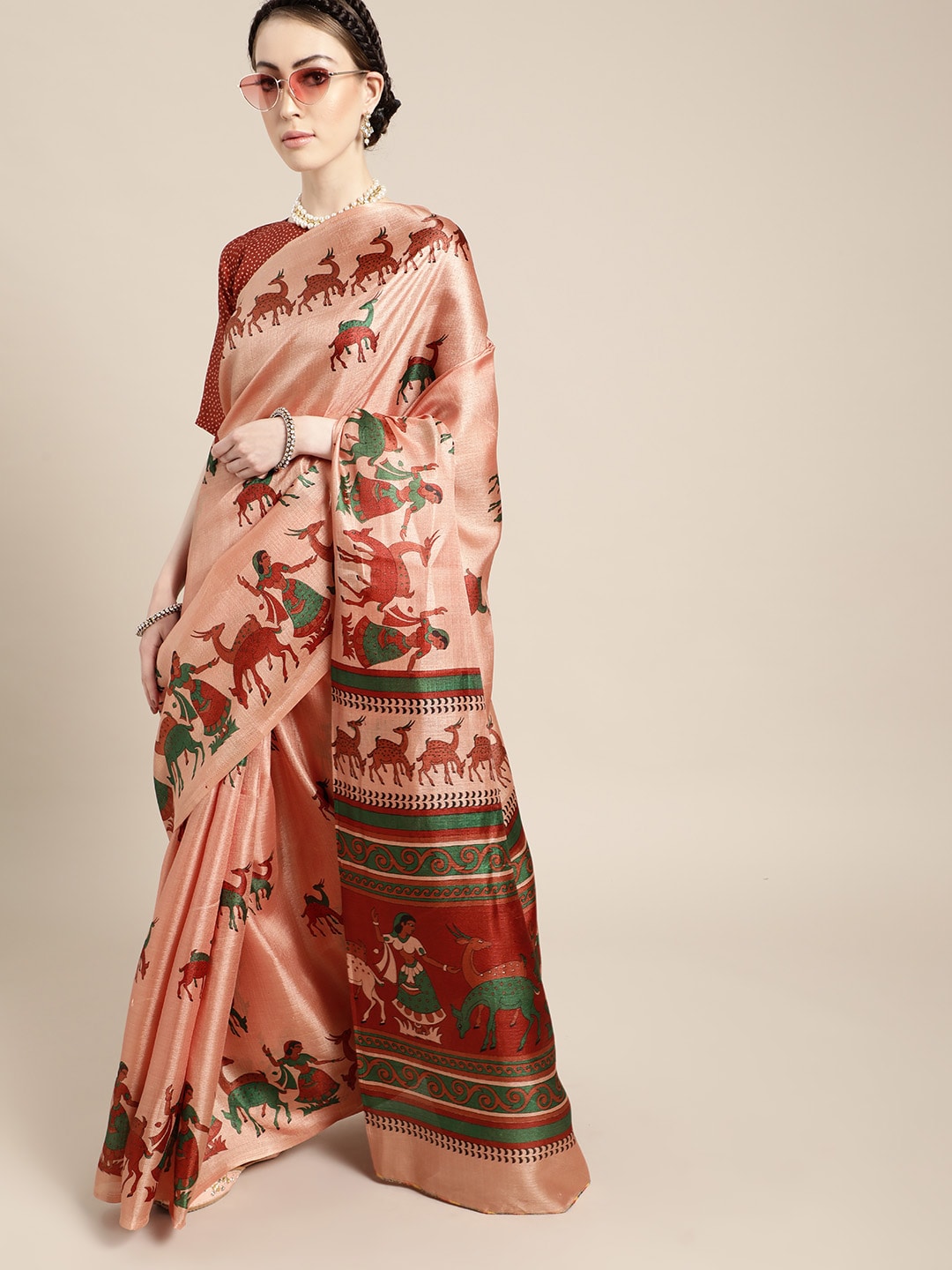 Saree Mall Saree Mall Trendy Peach and Maroon Art Silk Saree - Distacart