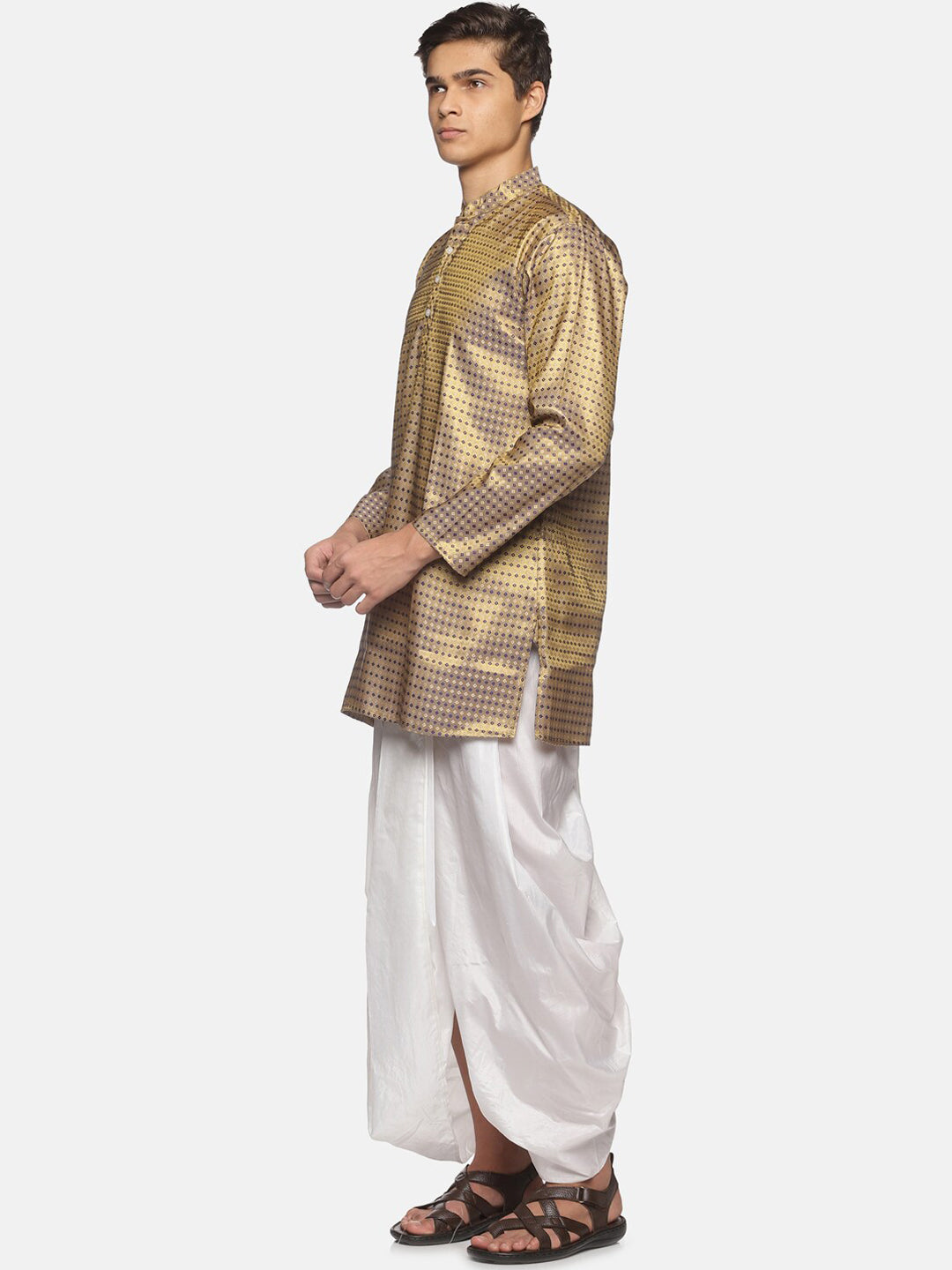 Sethukrishna Men Gold-Toned Bandhani Printed Art Silk Kurta with Dhoti Pants - Distacart