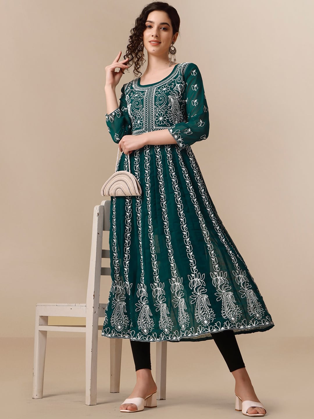HERE&NOW Paneled Floral Embroidered Georgette Anarkali Kurta - Distacart