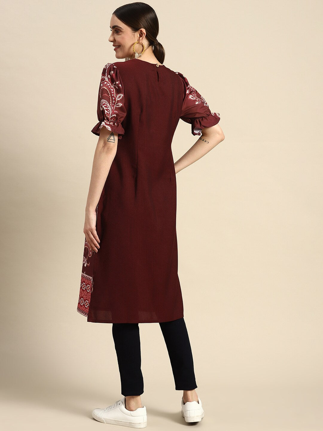 Sangria Women Ethnic Motifs Printed Puff Sleeves Straight Kurta - Distacart