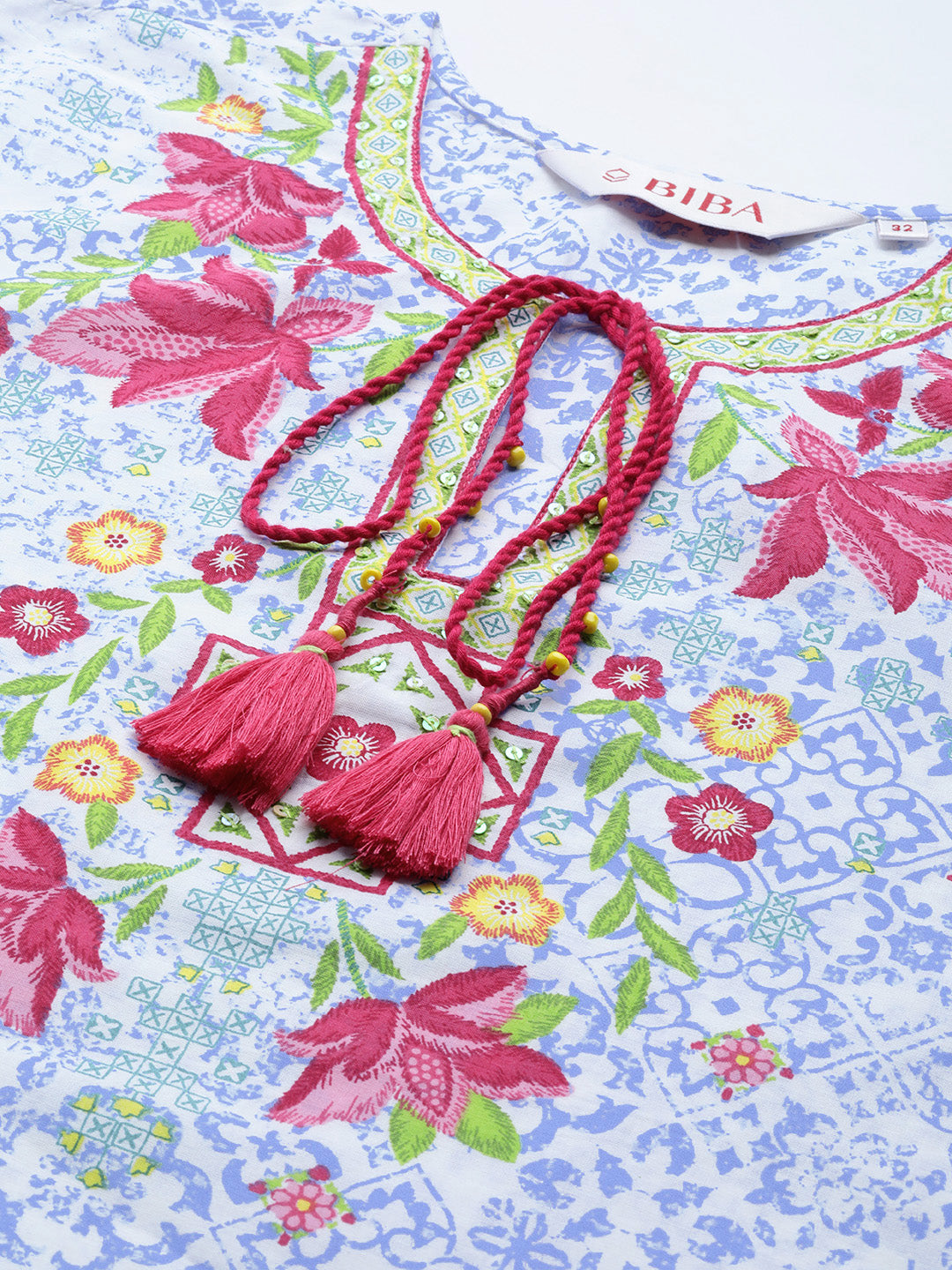 Biba Women Blue & White Printed Straight Kurta - Distacart