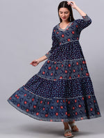 Thumbnail for Kalini Women Navy Blue Floral Printed Thread Work Indie Prints Anarkali Kurta - Distacart