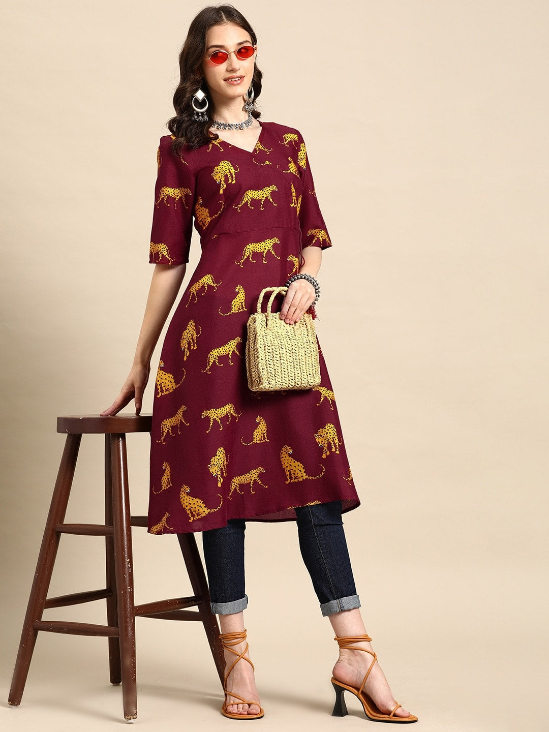 Sangria Animal Print Angrakha Kurta - Distacart