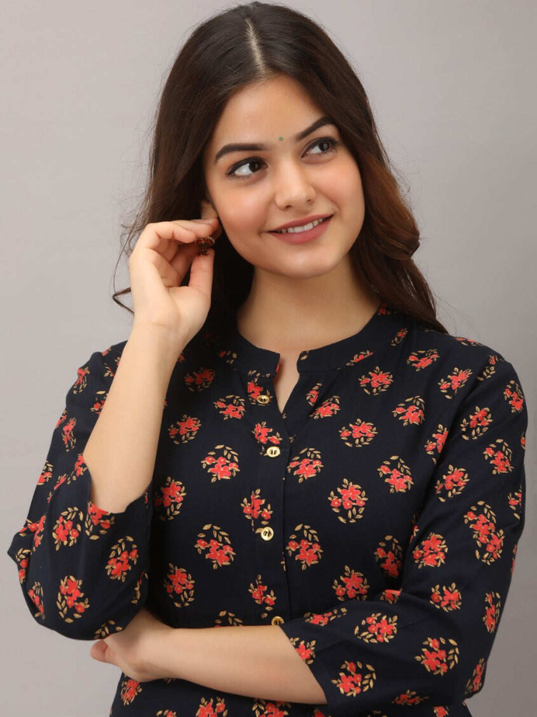 Kalini Women Navy Blue & Red Ethnic Motifs Printed Kurta - Distacart