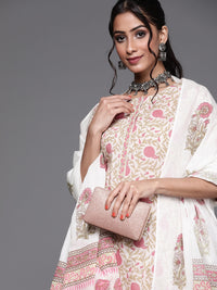 Thumbnail for Libas Pink & Lime Green Floral Print Cotton Kurta Afgan Salwar Dupatta - Distacart