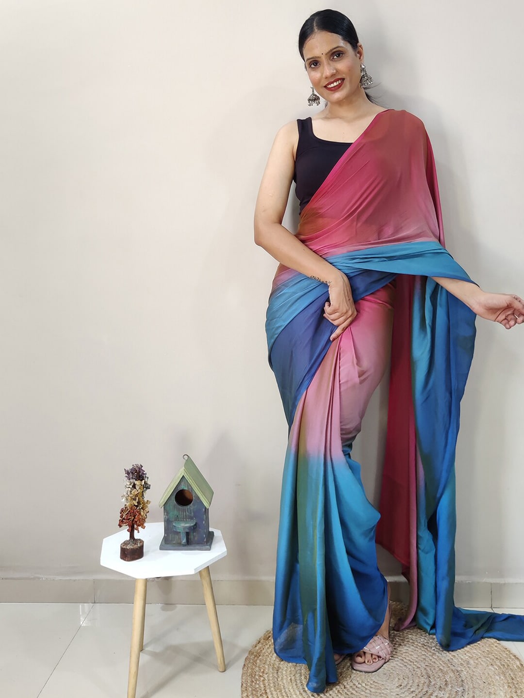 Mitera Pink & Blue Ombre Ready To Wear Saree - Distacart