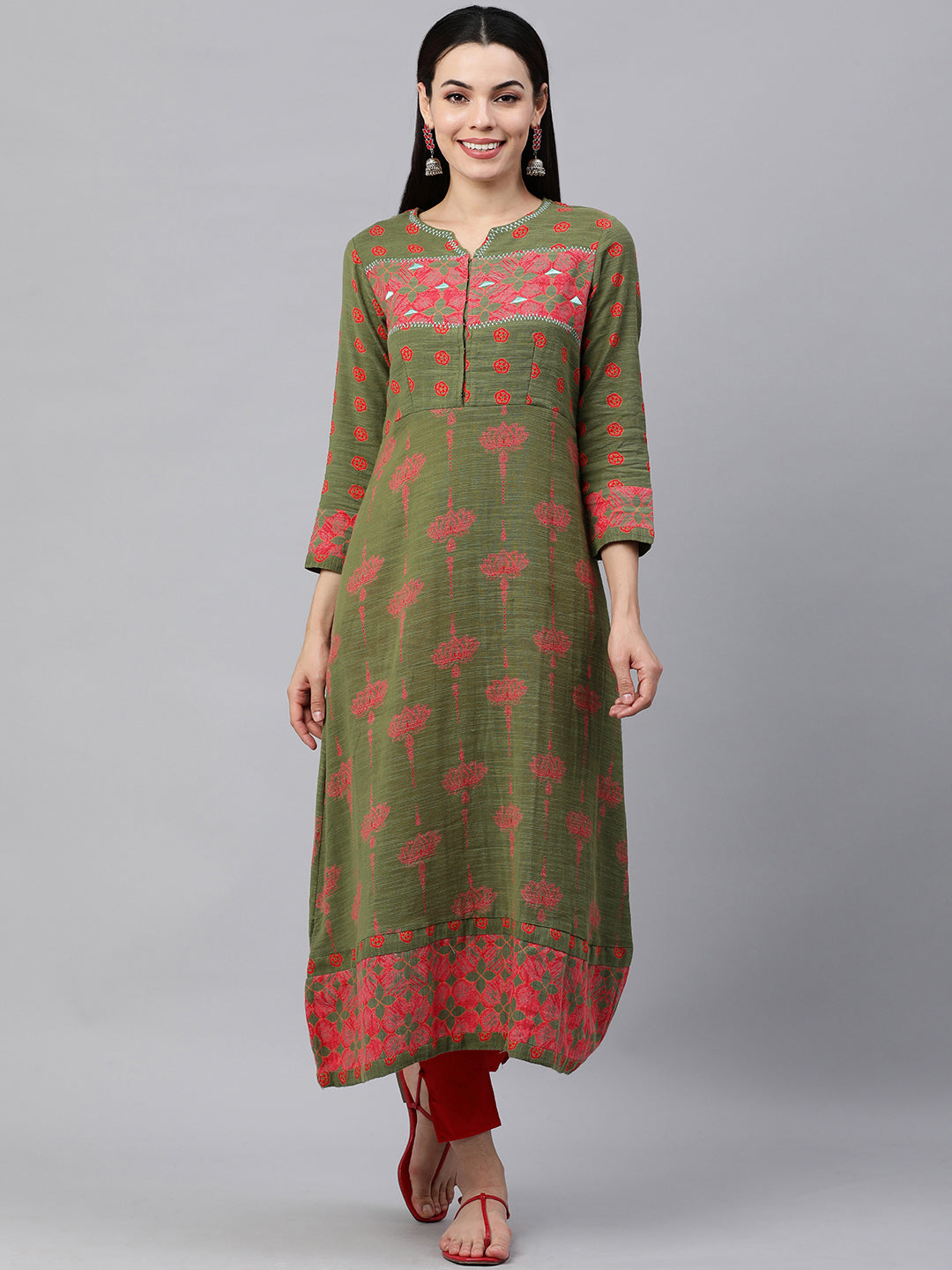 Kalini Women Green & Pink Ethnic Motifs Printed Pure Cotton Kurta - Distacart