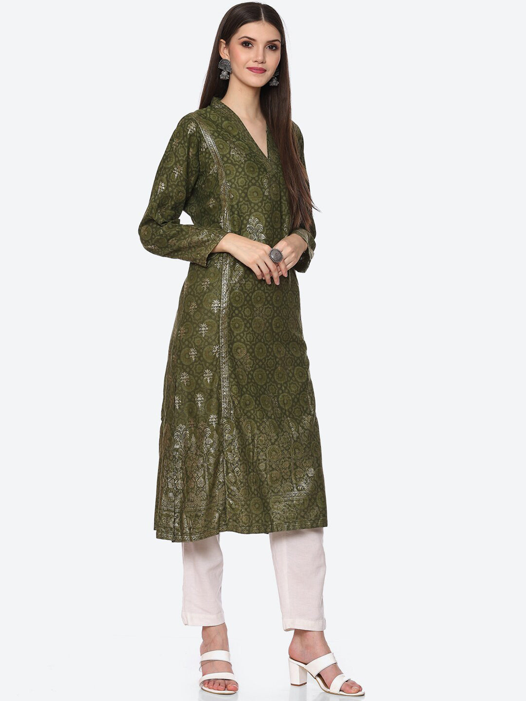 Biba Women Olive Green Geometric Printed Kurta - Distacart