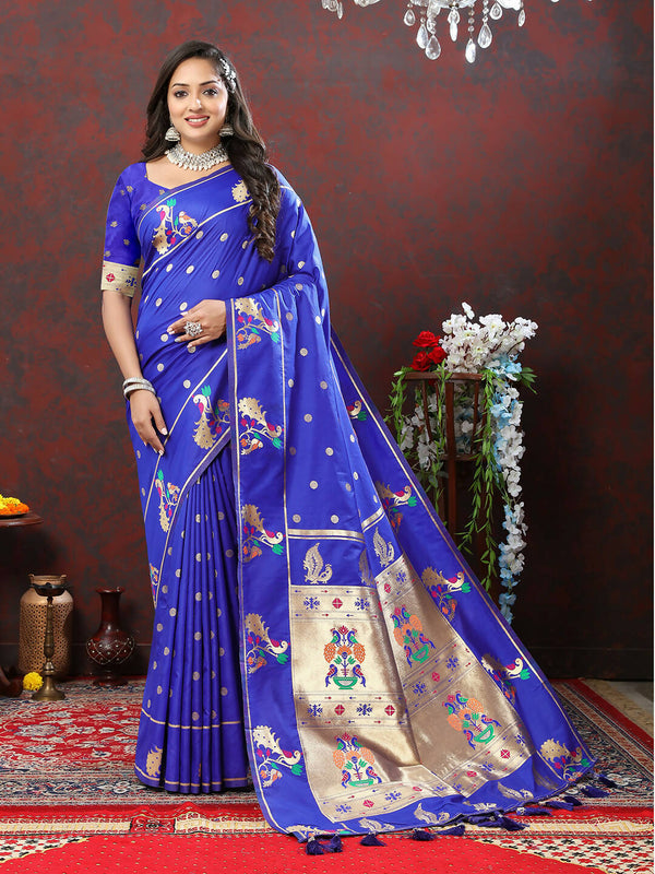 Lorenvalley Fashion Blue Soft Paithani Silk Woven Design Gold Zari Meenakari Weaving Saree - Distacart
