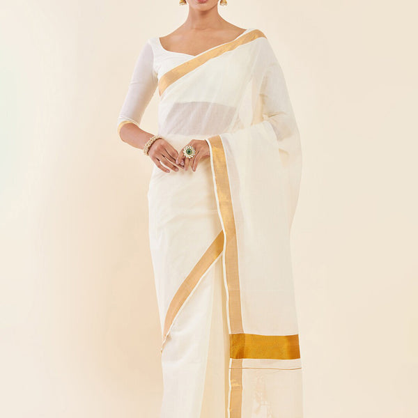 Soch Off-White & Gold Zari Pure Cotton Kasavu Saree - Distacart