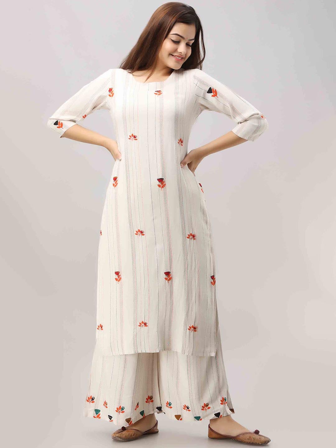 Kalini Women White Embroidered Thread Work Kurta with Palazzo - Distacart