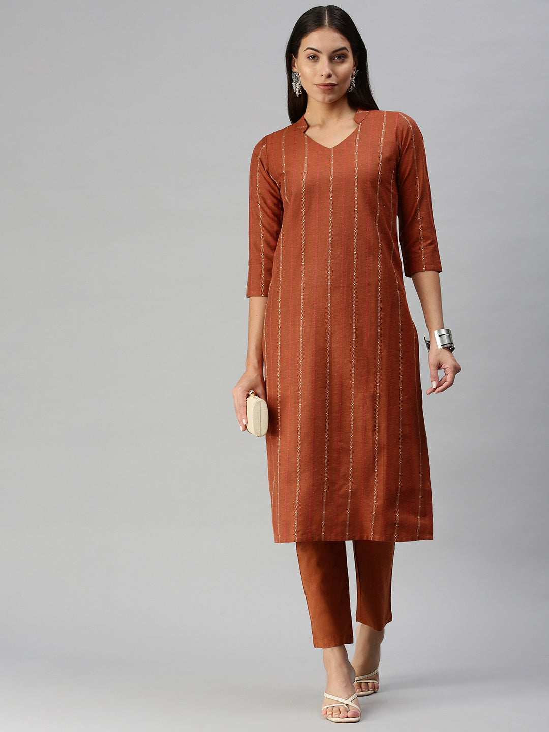 Kalini Women Rust Red Pure Cotton Geometric Woven Design Kurta with Trousers - Distacart
