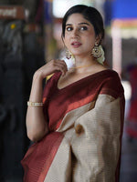 Thumbnail for Mitera Off White & Maroon Checked Zari Saree - Distacart