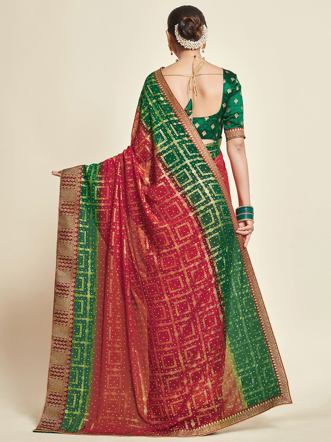 Sangria Red & Green Woven Design Zari Poly Georgette Bandhani Saree - Distacart