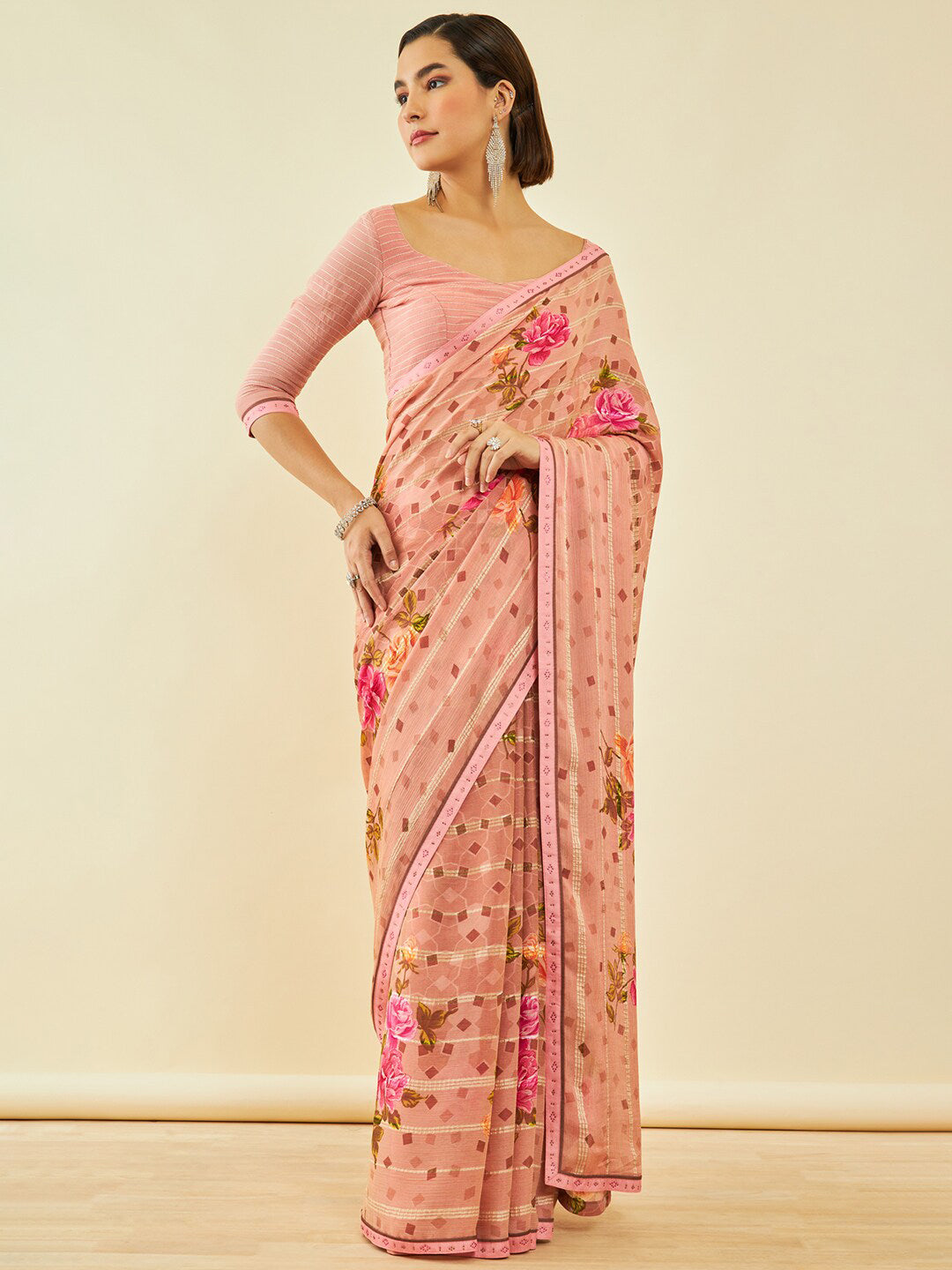 Soch Peach-Coloured Floral Printed Beads and Stones Saree - Distacart