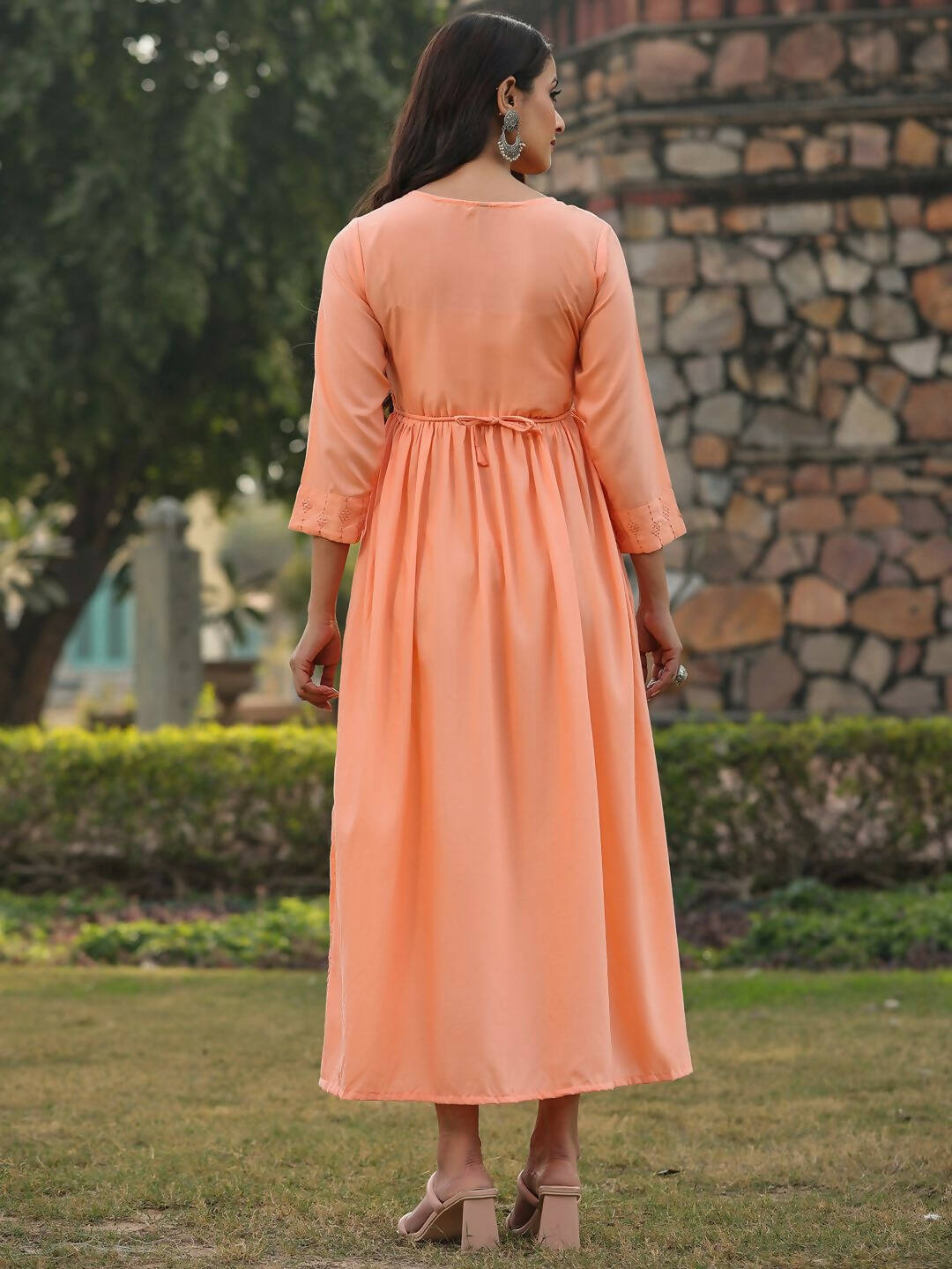 Juniper Women's Peach Festive Embroiderd Flared Dress - Distacart