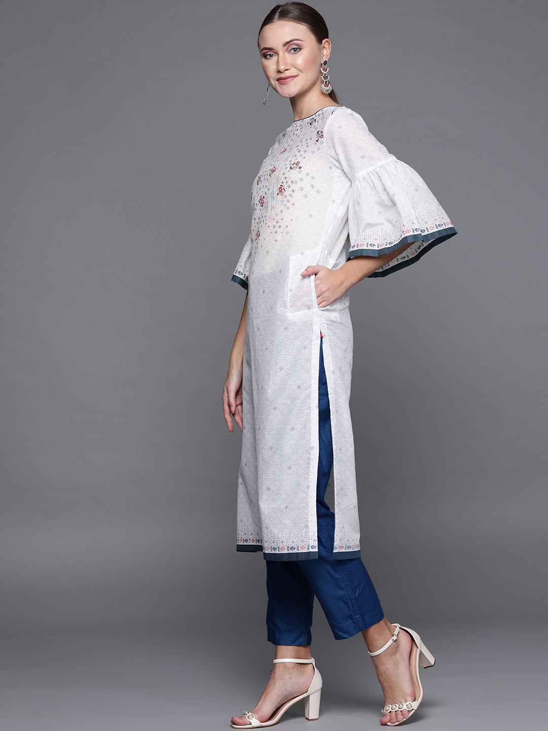 Biba Women White & Blue Printed Straight Kurta - Distacart