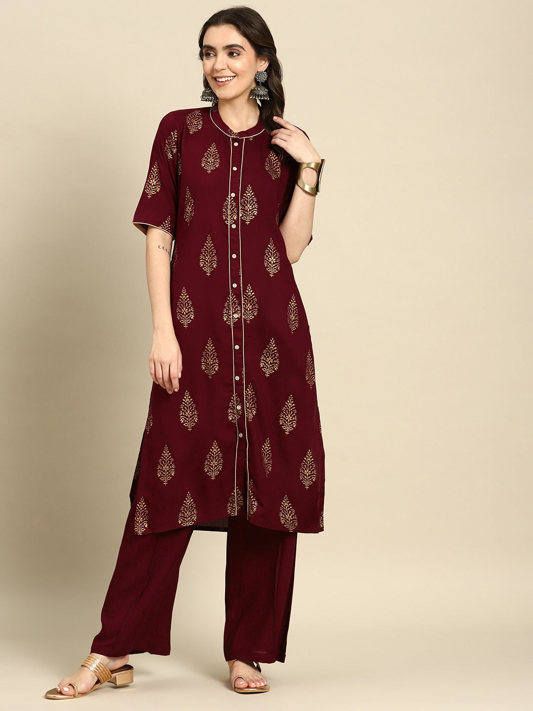 Sangria Ethnic Motifs Printed Pure Cotton Kurta With Palazzos - Distacart
