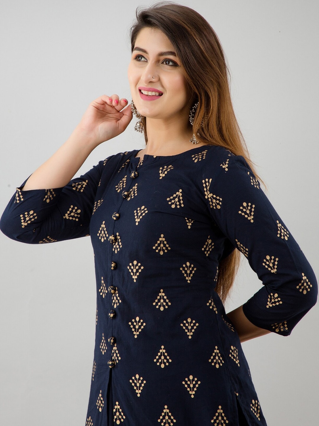 HERE&NOW Blue Ethnic Motifs Printed Regular Kurta with Skirt - Distacart