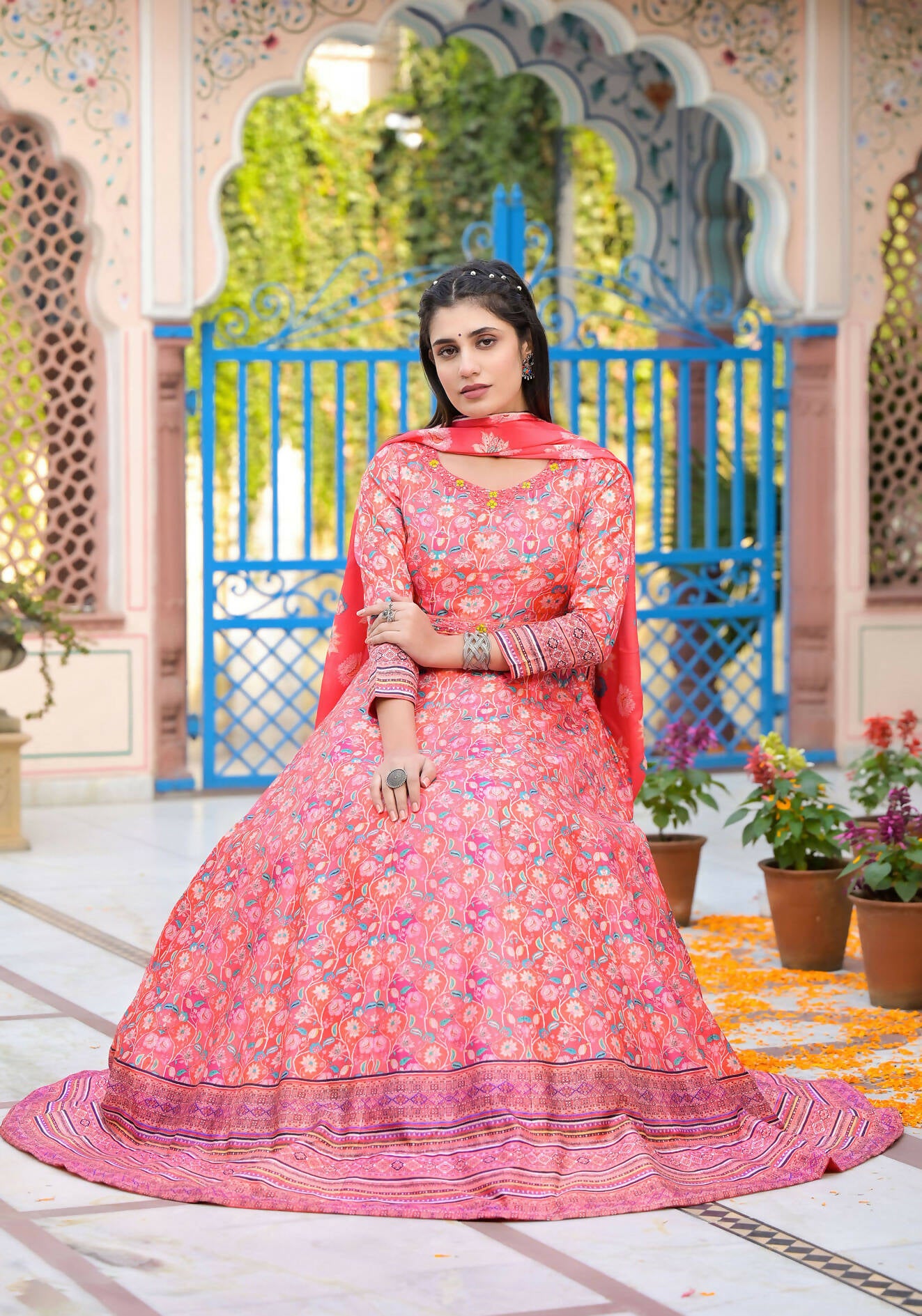 Functional Designer Red-Orange Dola Silk Anarkali suit with Dupatta - Ramya - Distacart