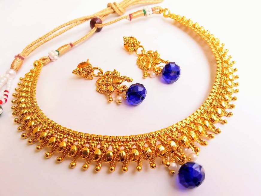 Pretty Metallic Necklace Set with Blue Drops