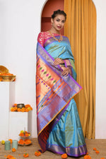 Thumbnail for Very Much Indian Authentic Dual Tone Powder Blue Paithani - Distacart