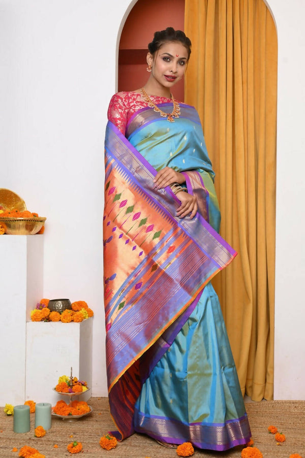 Very Much Indian Authentic Dual Tone Powder Blue Paithani - Distacart