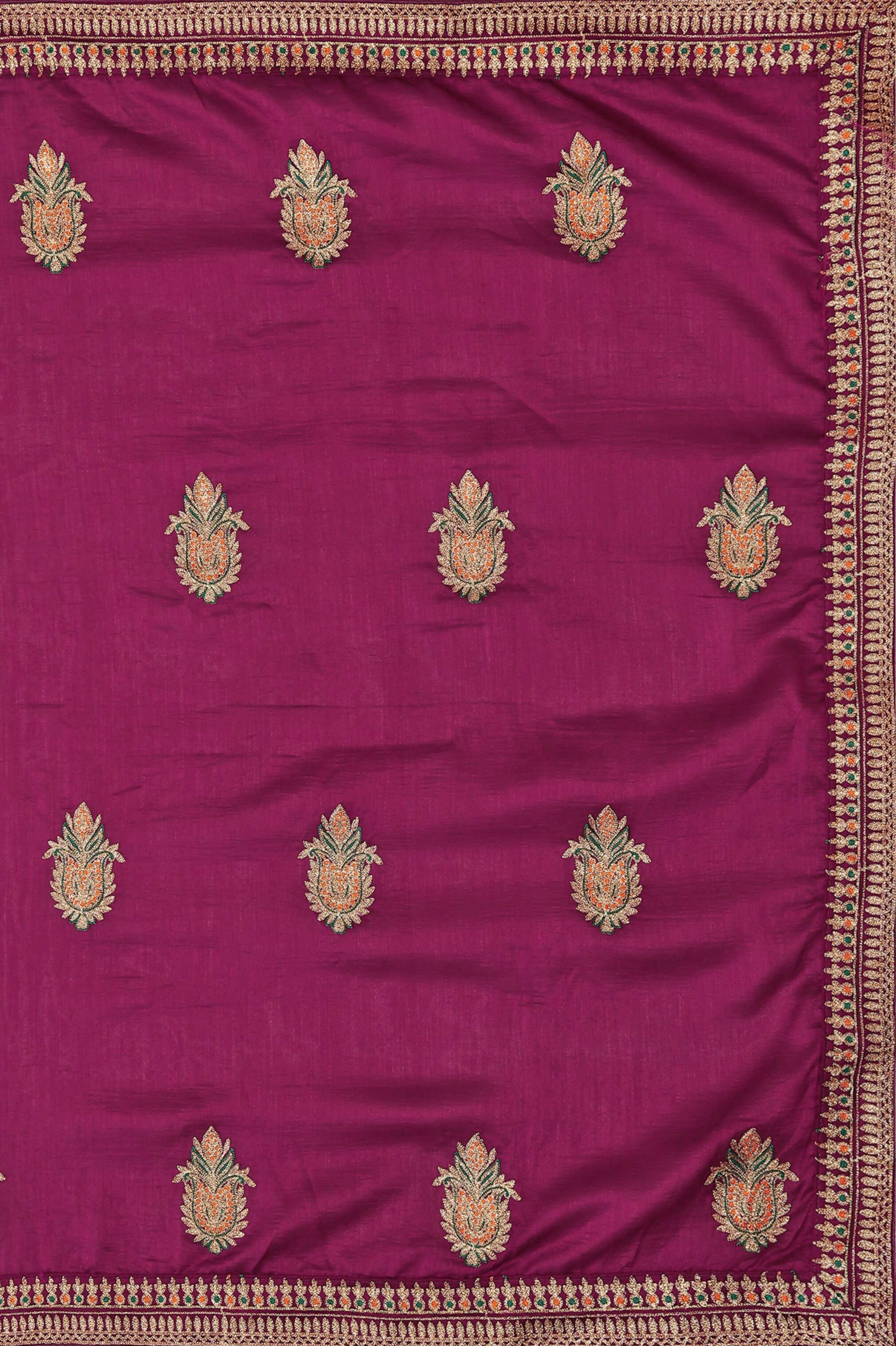 Wine Chinon Embroidered Saree with Unstitched Blouse Piece - Roozal - Distacart