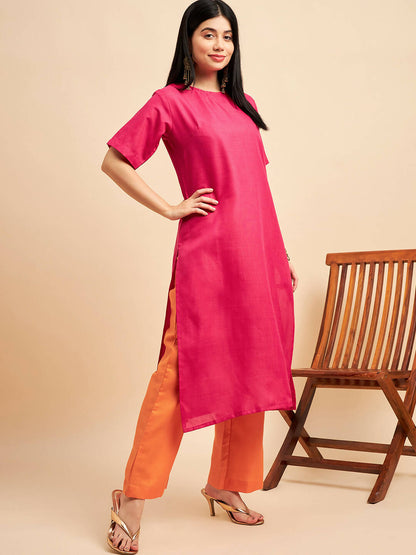 Pink Polyester solid Kurta with Palazzos - Vishwa - Distacart