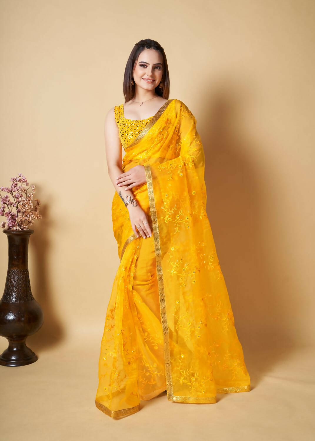 Vamsee Yellow Organza Saree - Distacart