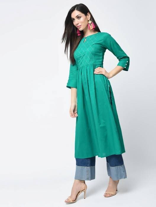 Aniyah Cotton Solid Flared Kurta With Key Hole Neck In Turquoise (AN-104K)