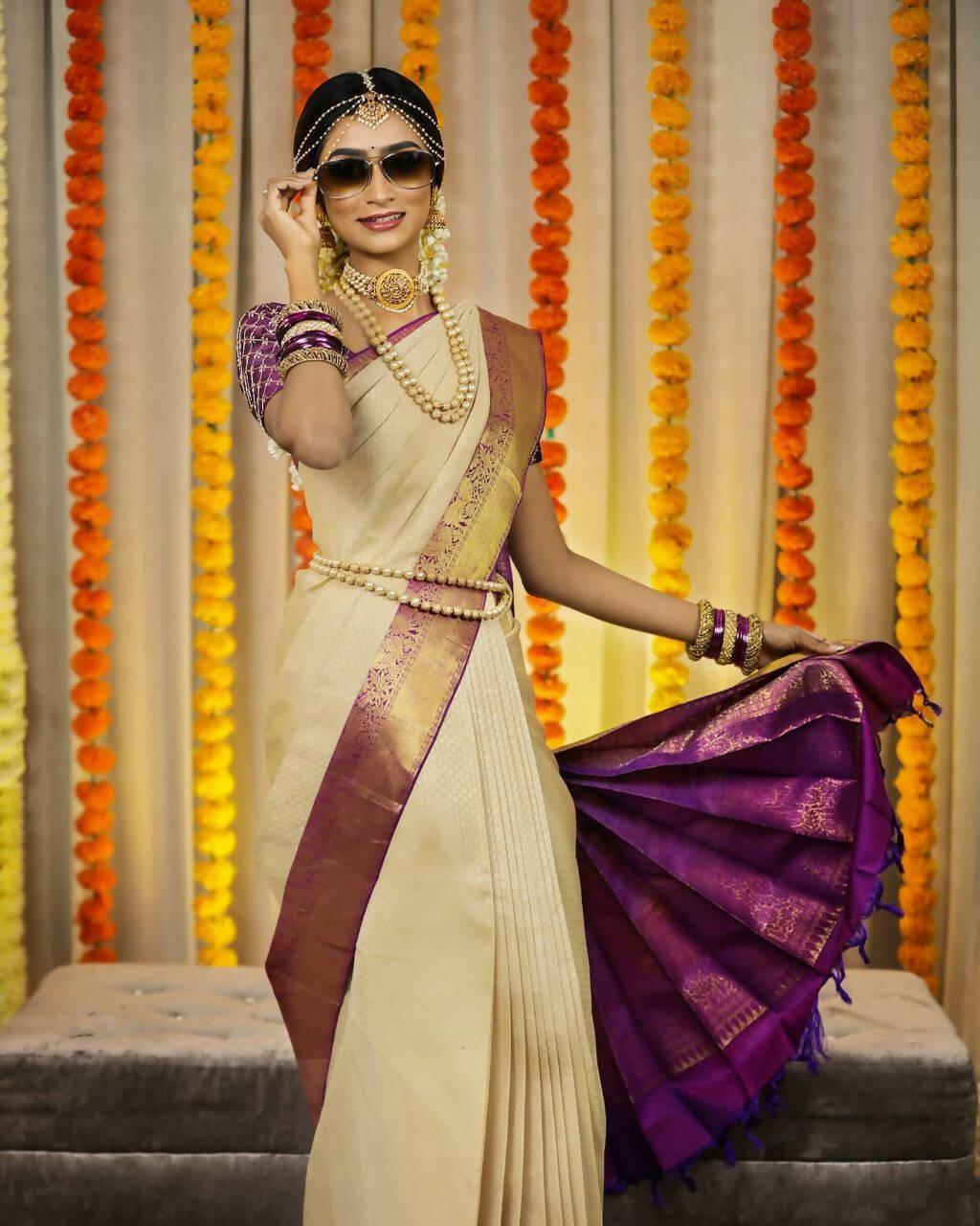 DEIANA'S Beautiful Golden Jari with New Design Soft Lichi Silk Saree - Cream - Distacart