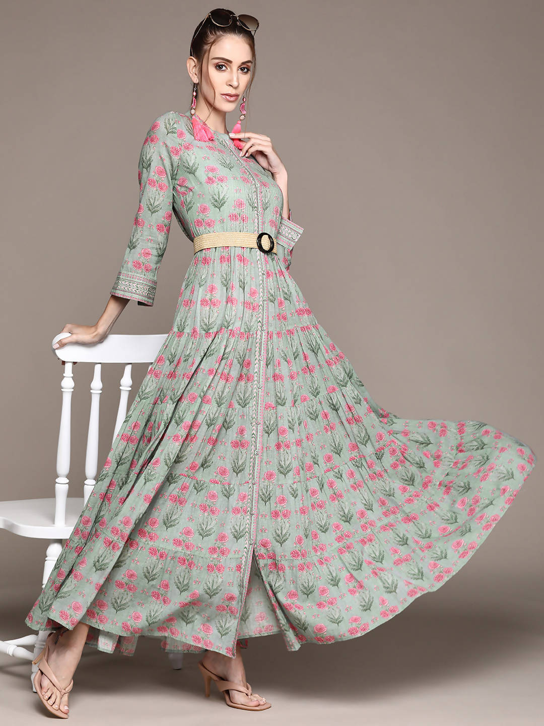 Ritu Kumar Grey & Green Floral Ethnic Maxi Dress - Distacart