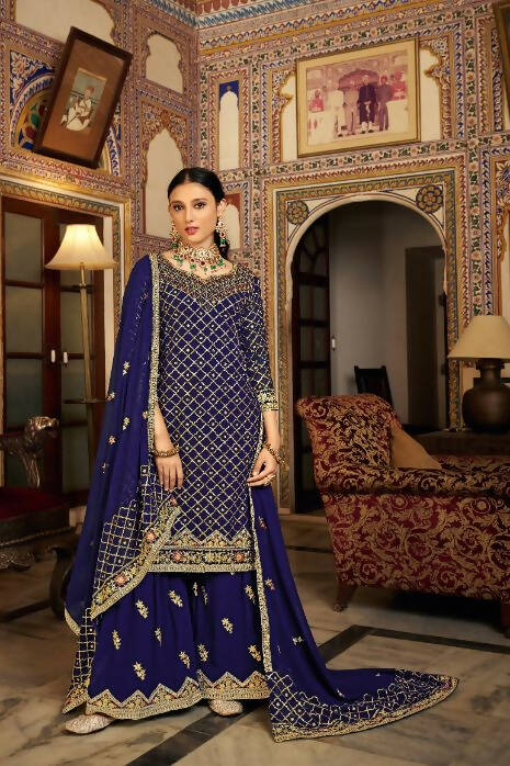 Blue Heavy Chinon Semi Stitched Kurta with Bottom & Dupatta - Dhvani - Distacart