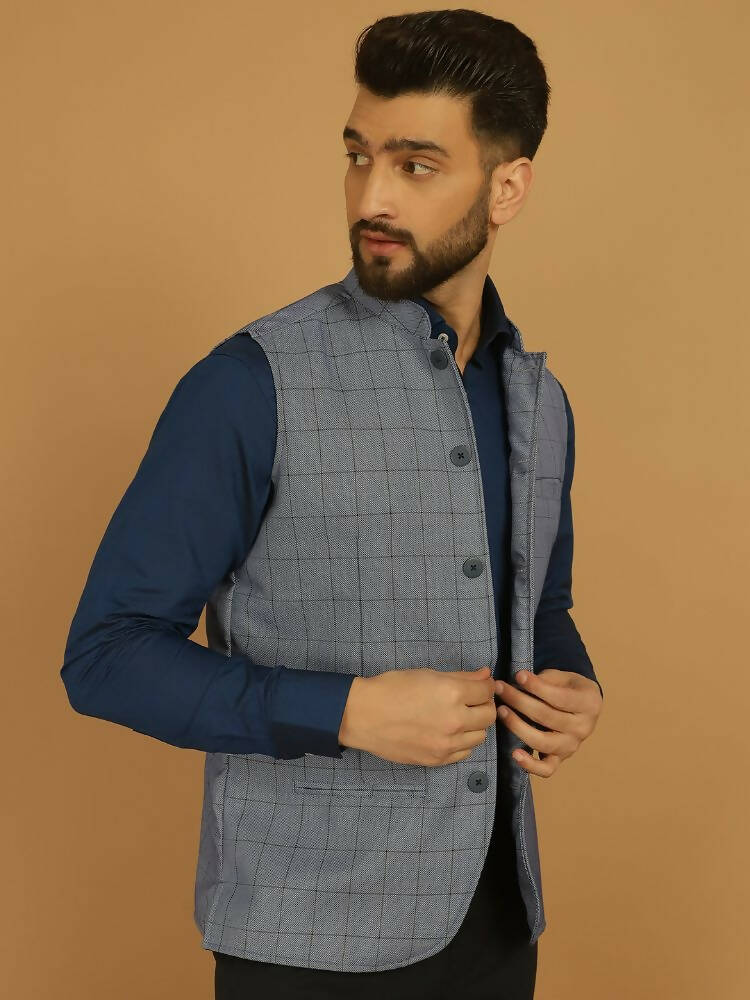 Even Apparels Nehru Jacket With Welt Pockets - Blue - Distacart