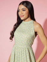 Thumbnail for Myshka Women Ethnic Motifs Rayon A-Line Round Neck Green Dress - Distacart
