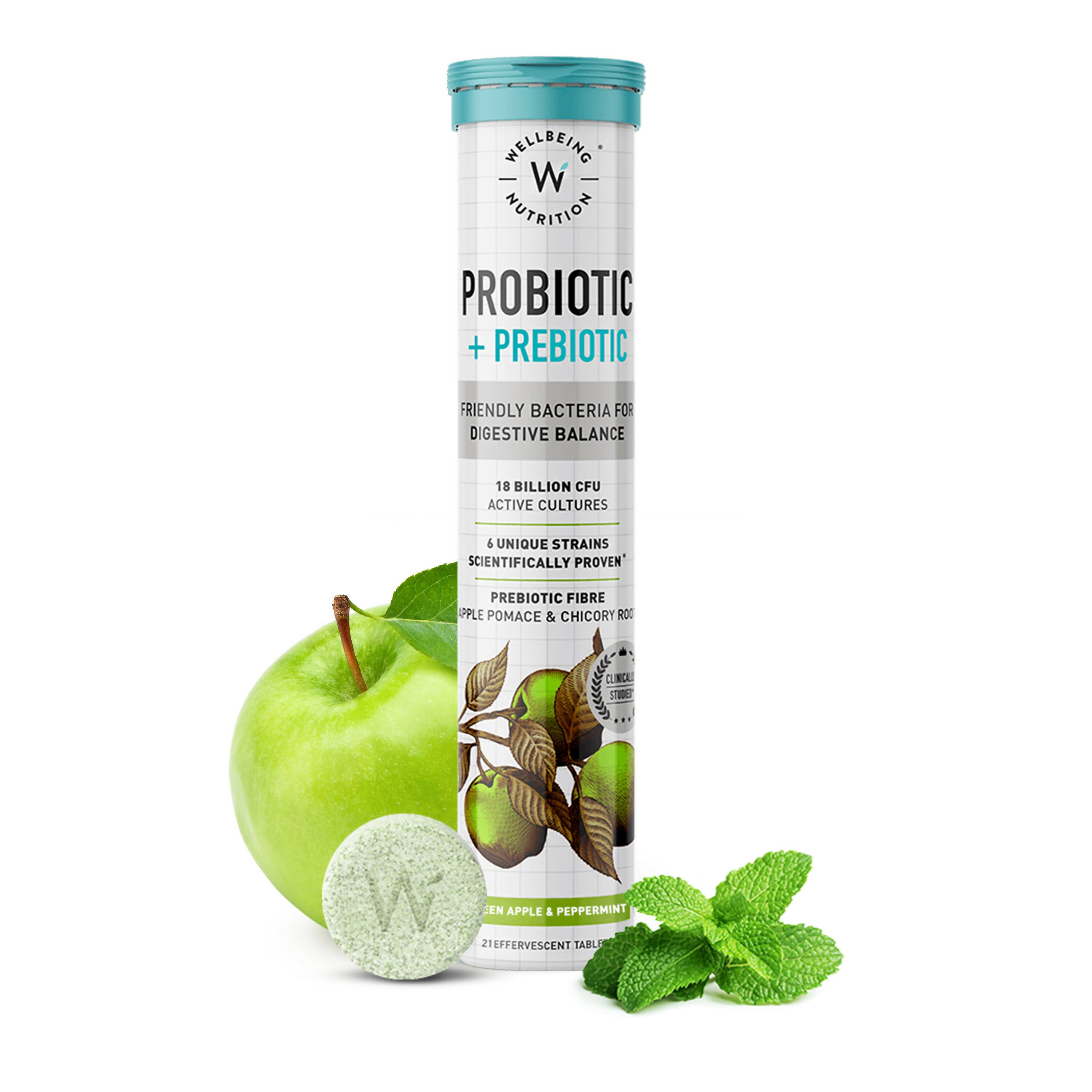 Wellbeing Nutrition Probiotic + Prebiotic Effervescent Tablets-Green Apple & Mint Flavor - Distacart