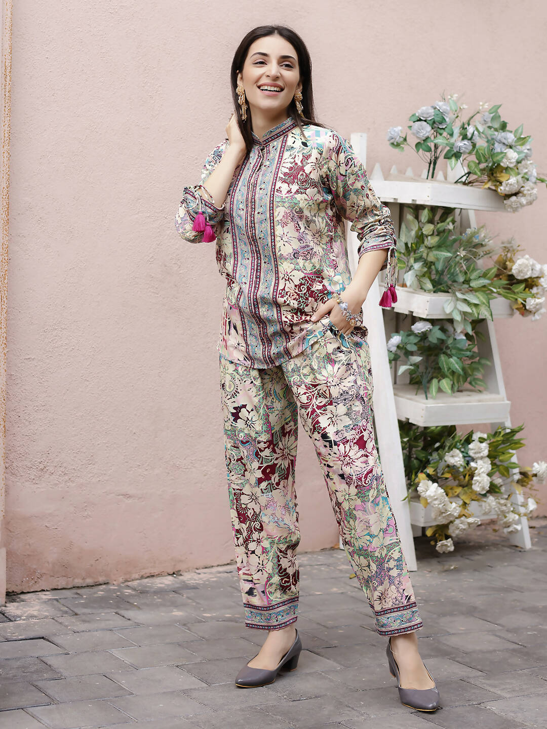 Cream Rayon Floral Printed Top with Matching Bottom - Eesha - Distacart