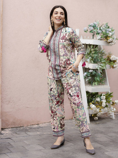Cream Rayon Floral Printed Top with Matching Bottom - Eesha - Distacart