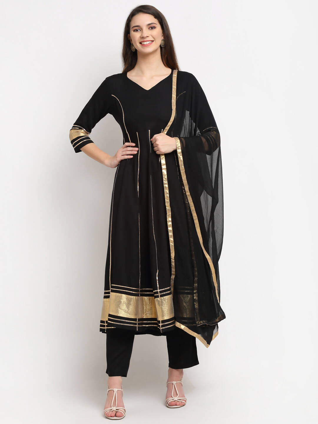 500859 Ethnic Indian Pure Elegance Black Anarkali Suit With Gold Mirro