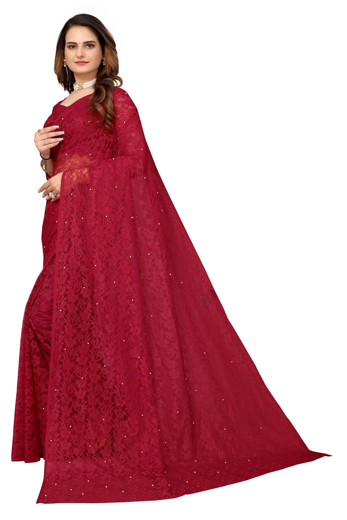 Vamika Maroon Pearls Net Saree - Distacart