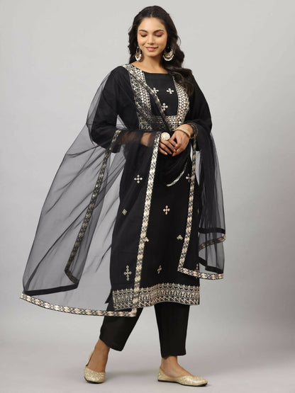 Juniper Women's Black Chinnon Solid Embroidered Kurta Set - Distacart