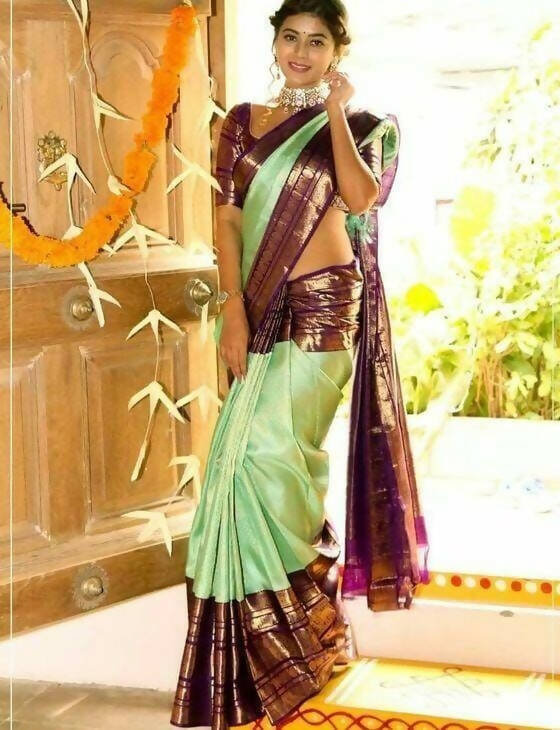 DEIANA'S Beautiful Golden Jari with New Design Soft Lichi Silk Saree - Pista - Distacart