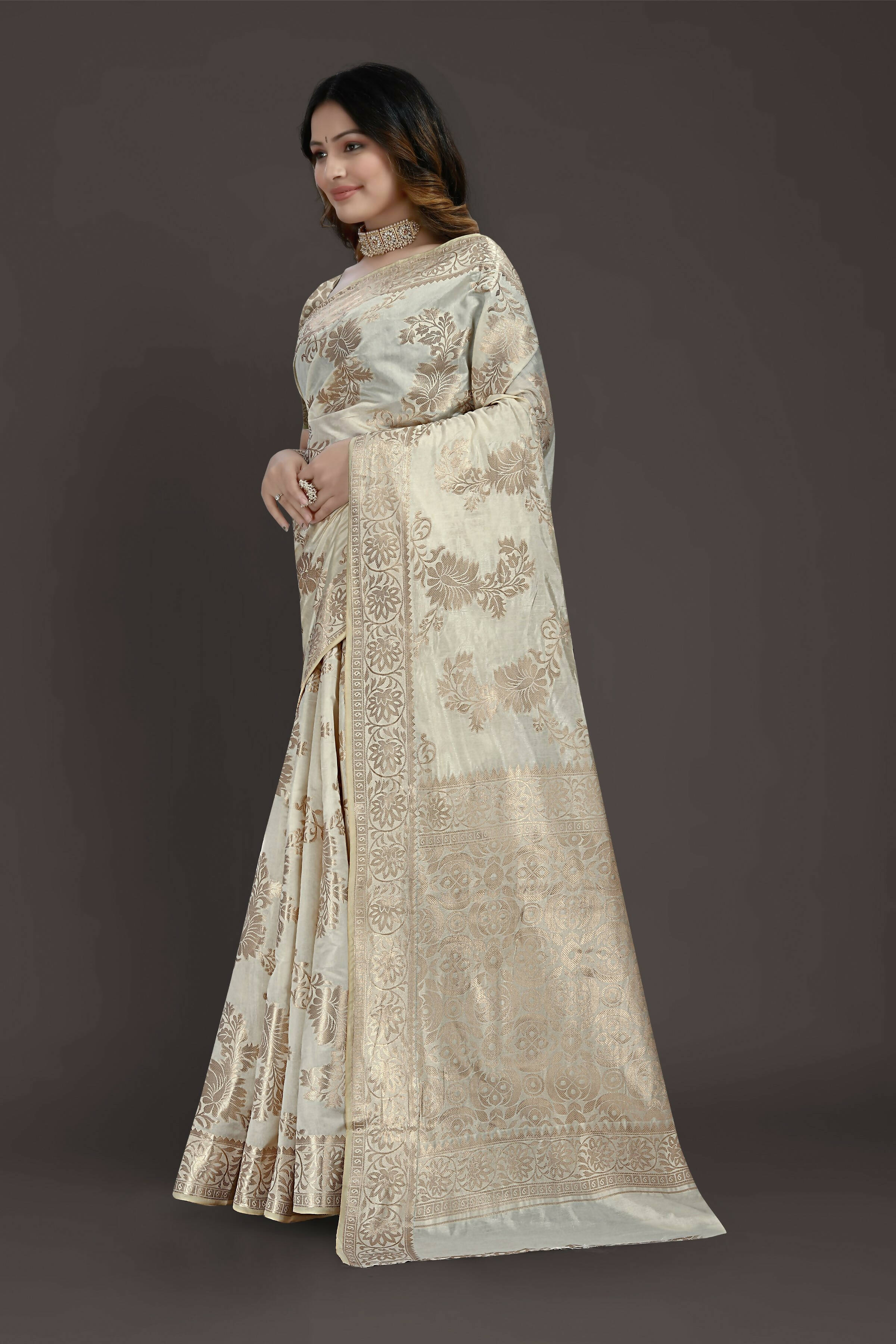 Off White Pure Raw Silk Zari Woven Saree with Unstitched Blouse Piece - Alisha - Distacart