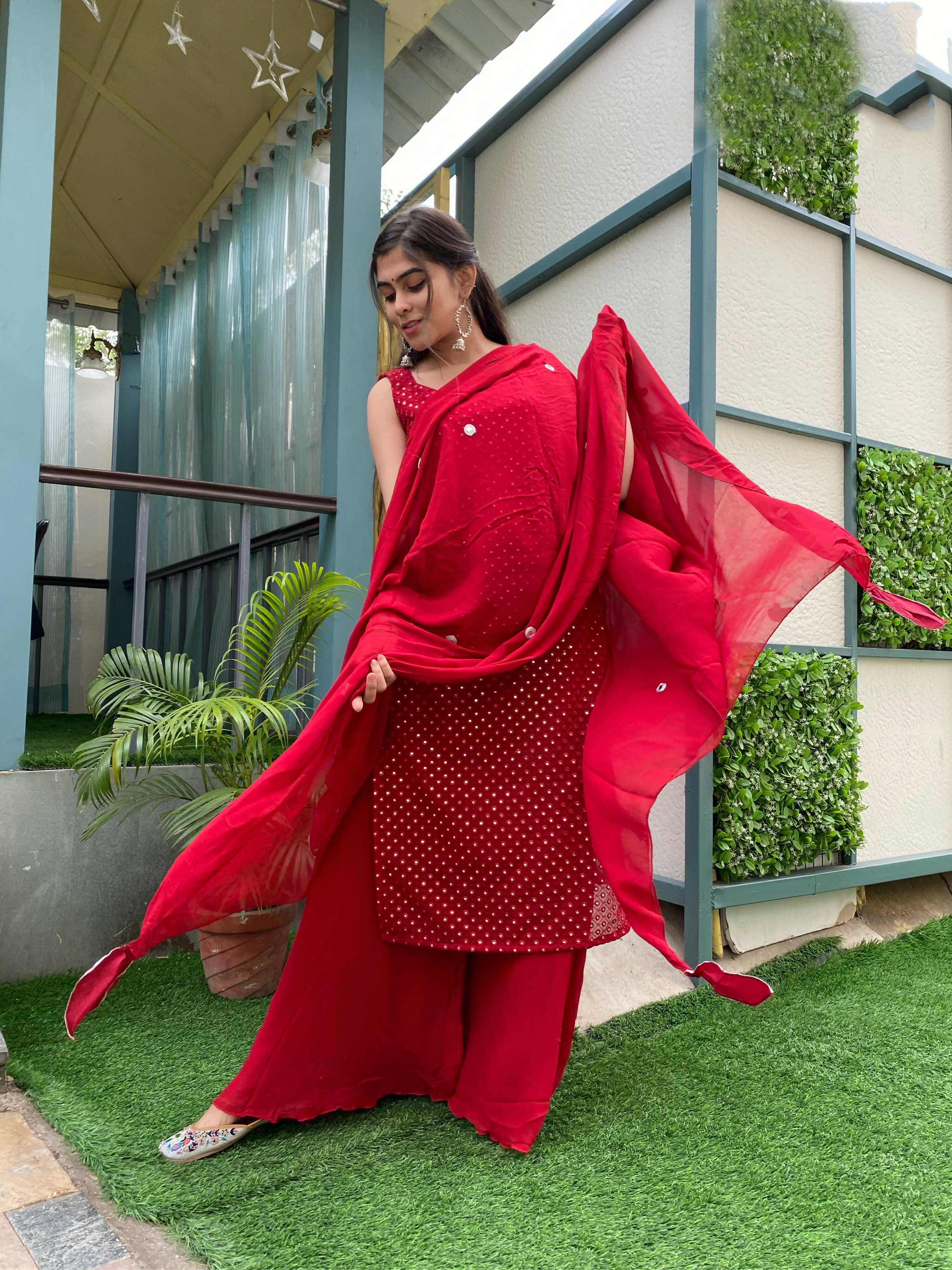 Partywear Designer Red Georgette Palazzo Suit - Anbazaar - Distacart