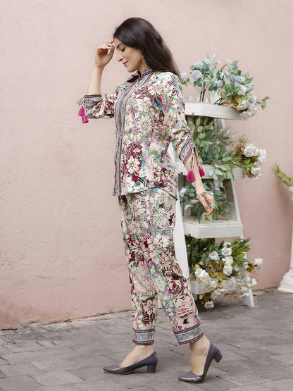 Cream Rayon Floral Printed Top with Matching Bottom - Eesha - Distacart