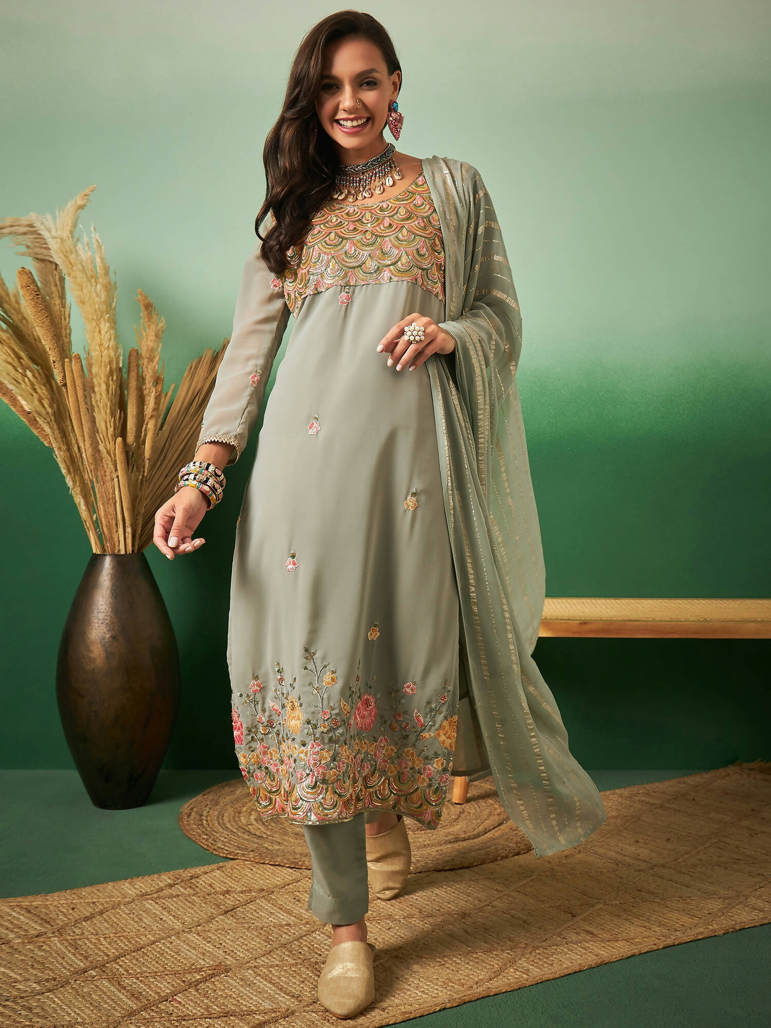 Light Green Georgette Handwork Unstitched Dress Material - Hanika - Distacart