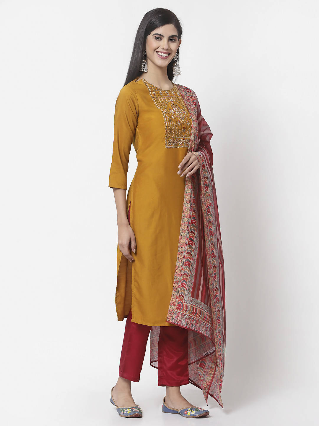 Myshka Women Mustard Viscose Embroidered 3/4 Sleeve Round Neck Kurta Pant Dupatta Set